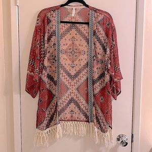 Xhilaration sheer Aztec design shrug/robe/kimono/shawl with white fringe size M